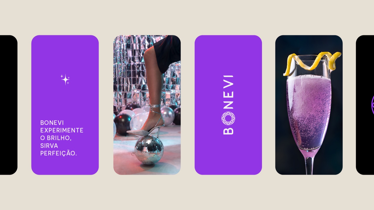 BONEVI sparkling wine brand screens in lilac with a diamond-faceted icon, by INDUSTRIA