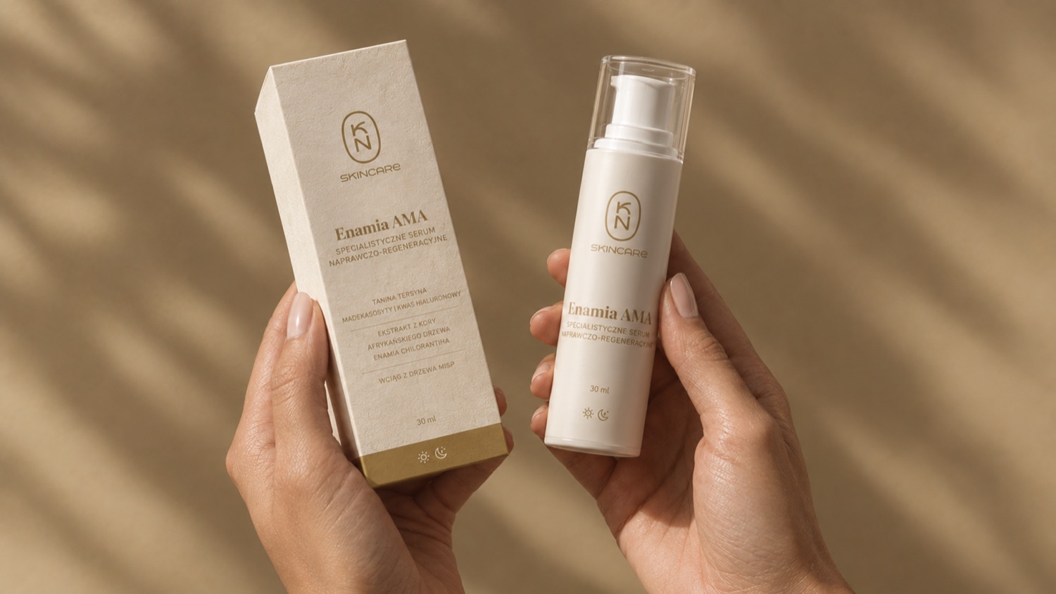 KN Skincare Enantia AMA serum carton and bottle in hand, by INDUSTRIA