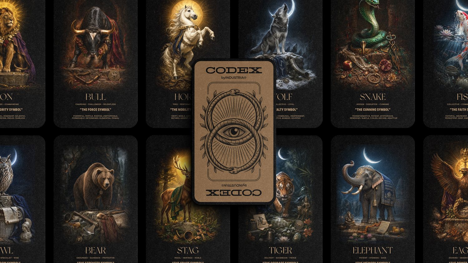 All twelve animal cards from CODEX: The Animals, with the CODEX card back at center