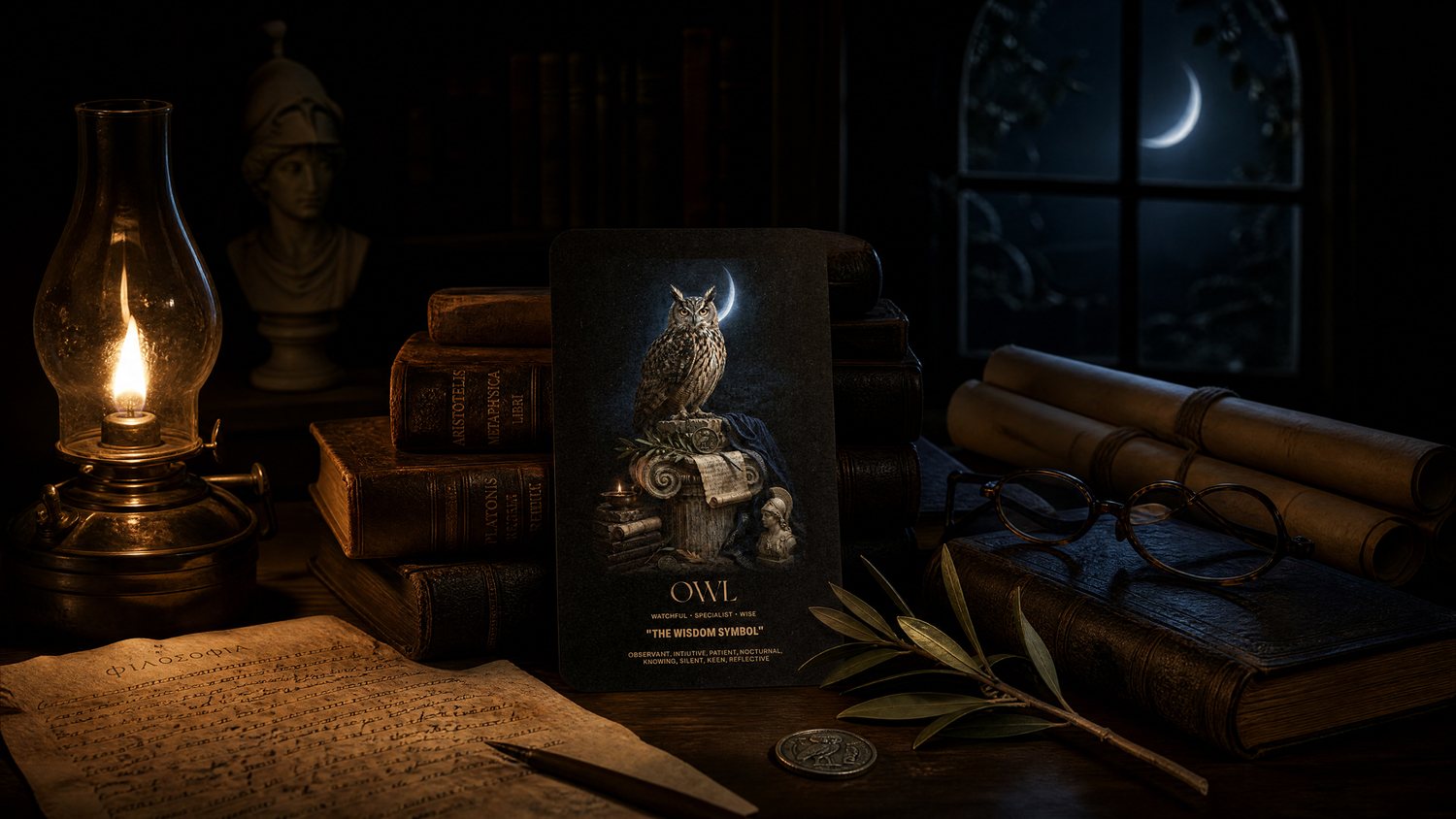 The Owl card, set on a philosopher's desk among candlelight and old books