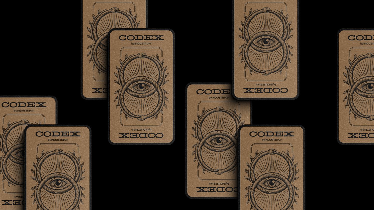 The CODEX ouroboros and eye card backs, scattered in a repeating pattern