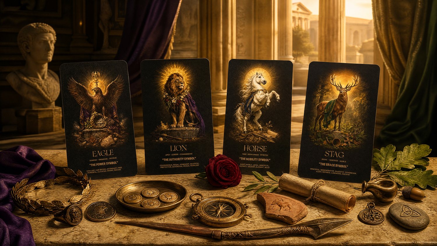 The Eagle, Lion, Horse and Stag cards displayed in a Roman hall
