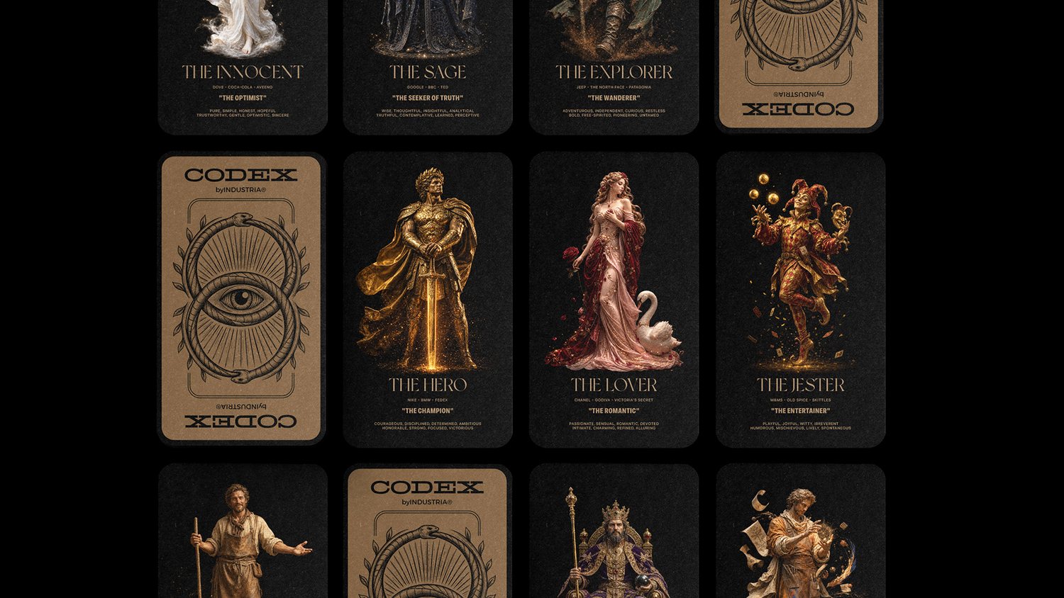 A spread of archetype cards, including the CODEX card back, from The Innocent to The Creator