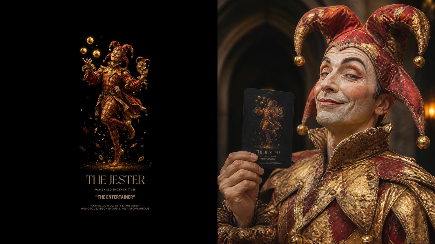 The Jester card held by a performer in costume, from CODEX: The Archetypes