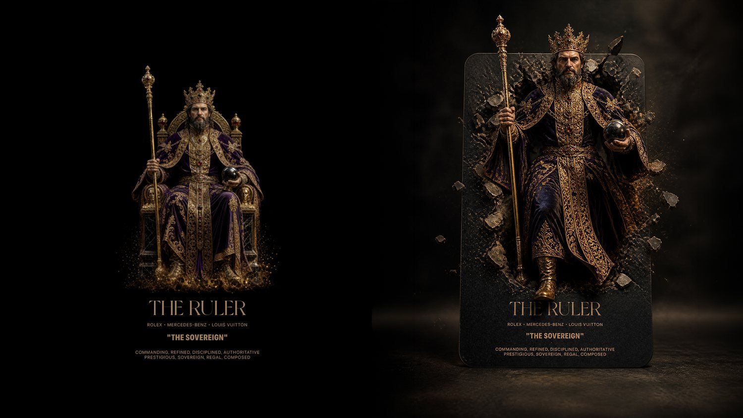 The Ruler card, cast in gold and royal purple, breaking through stone
