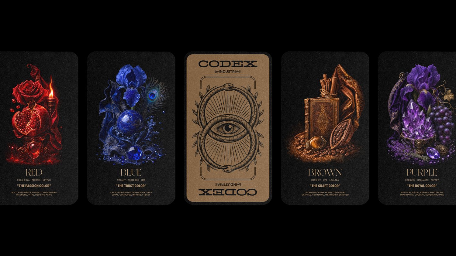The Red, Blue, Brown and Purple cards fanned beside the CODEX card back