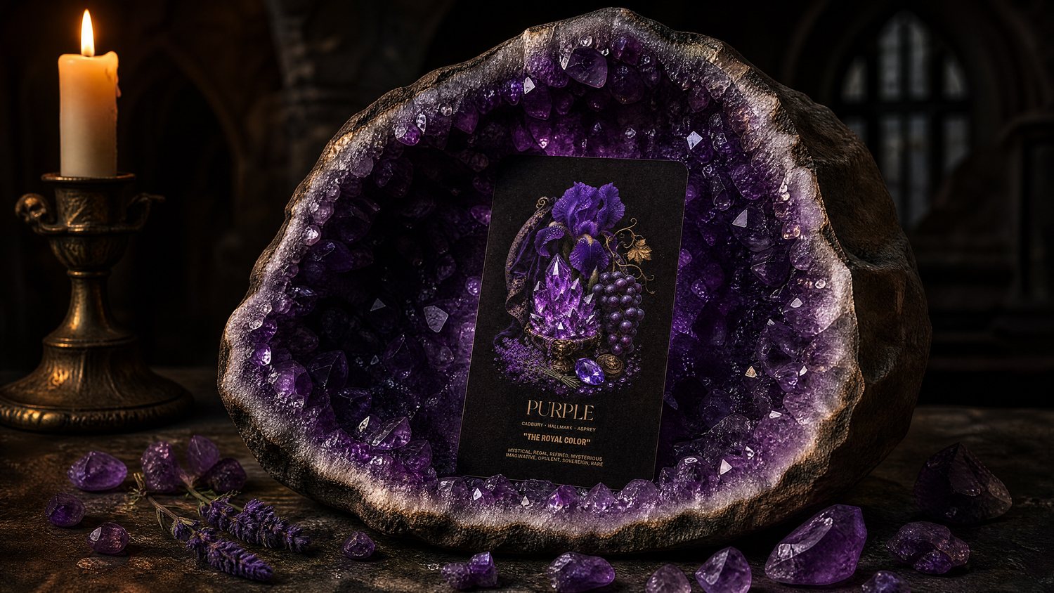The Purple card set inside a raw amethyst geode