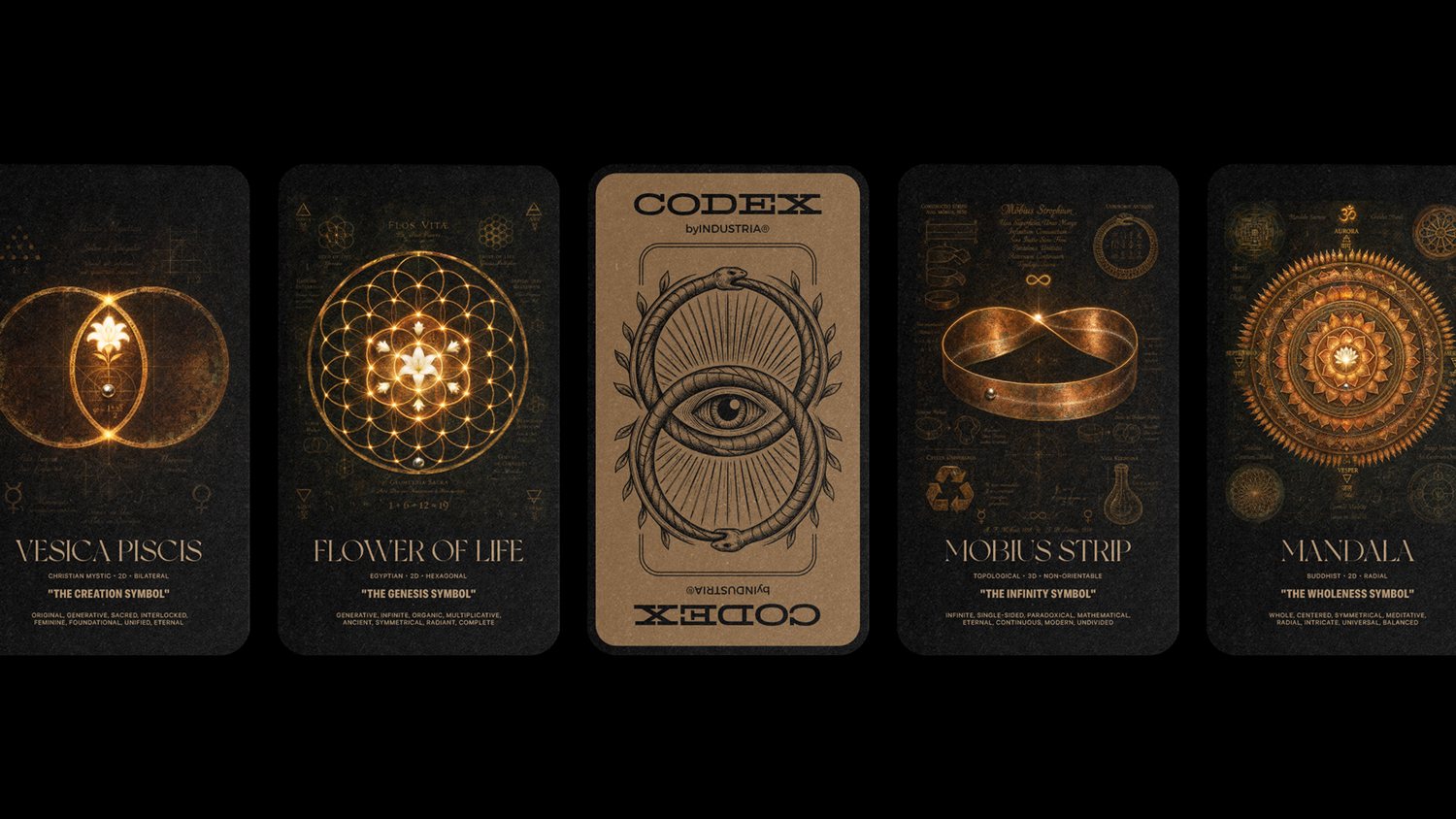 A spread of geometry cards, including the CODEX card back, from Vesica Piscis to Mandala