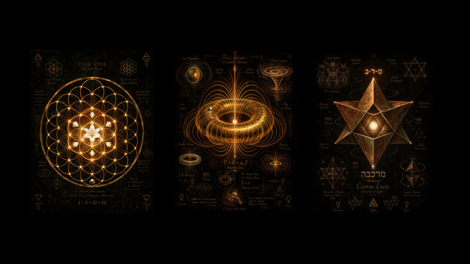 Three annotated codex plates for the Flower of Life, the Torus and the Merkaba