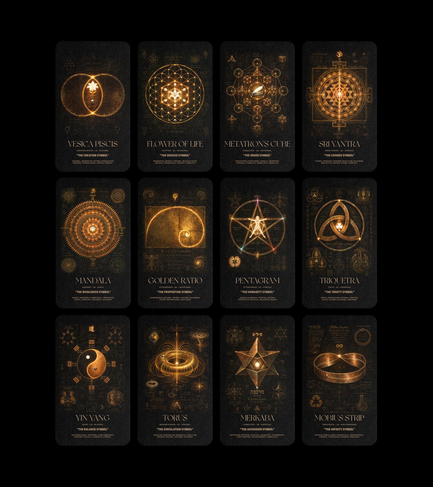 The twelve geometry cards from CODEX: The Geometries, arranged in a single grid