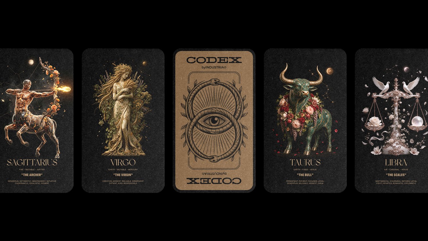 Sagittarius, Virgo, Taurus and Libra cards fanned beside the CODEX card back, from INDUSTRIA’s Zodiac series