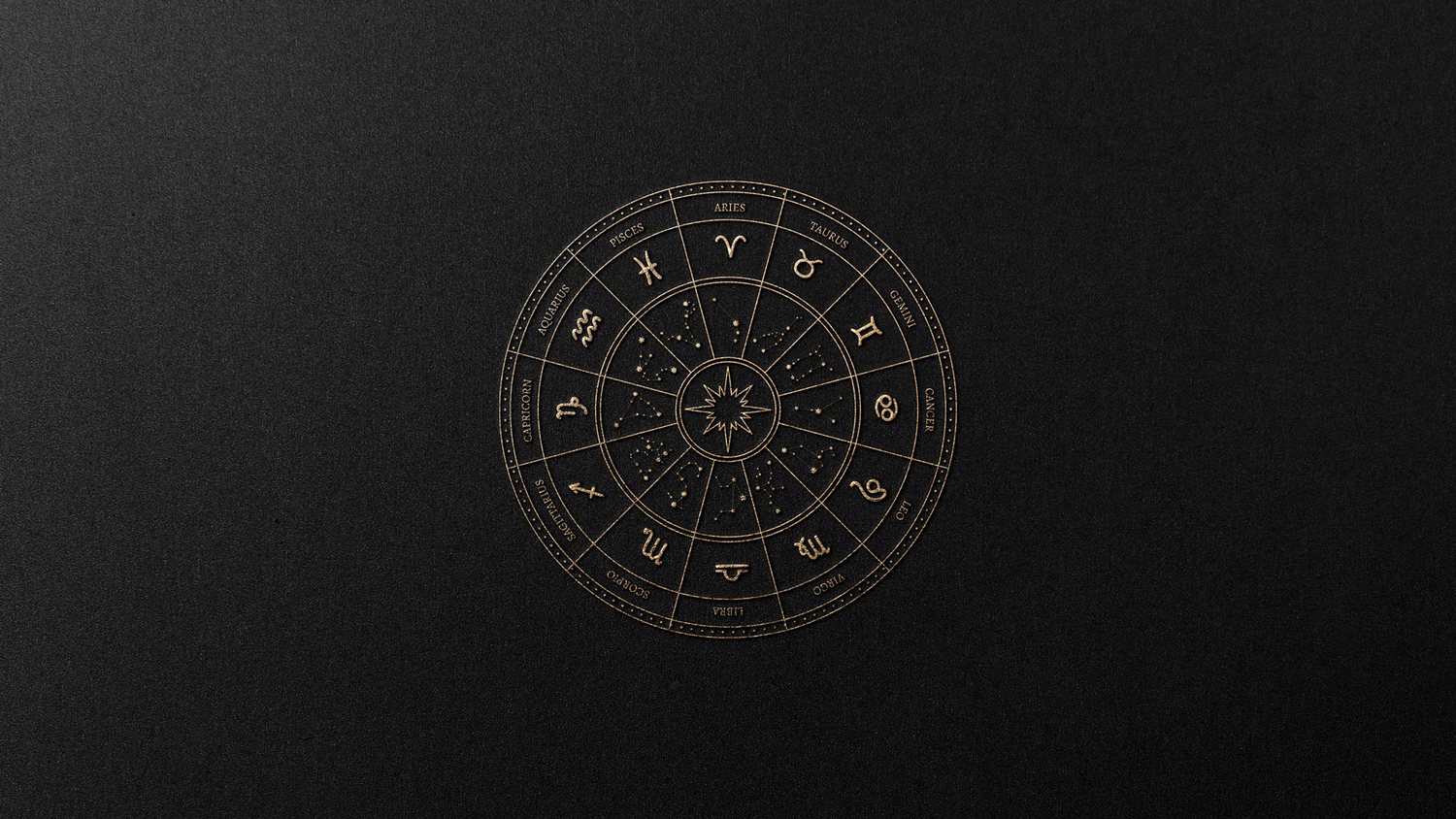 An embossed zodiac wheel showing all twelve signs and their constellations, designed by INDUSTRIA for CODEX