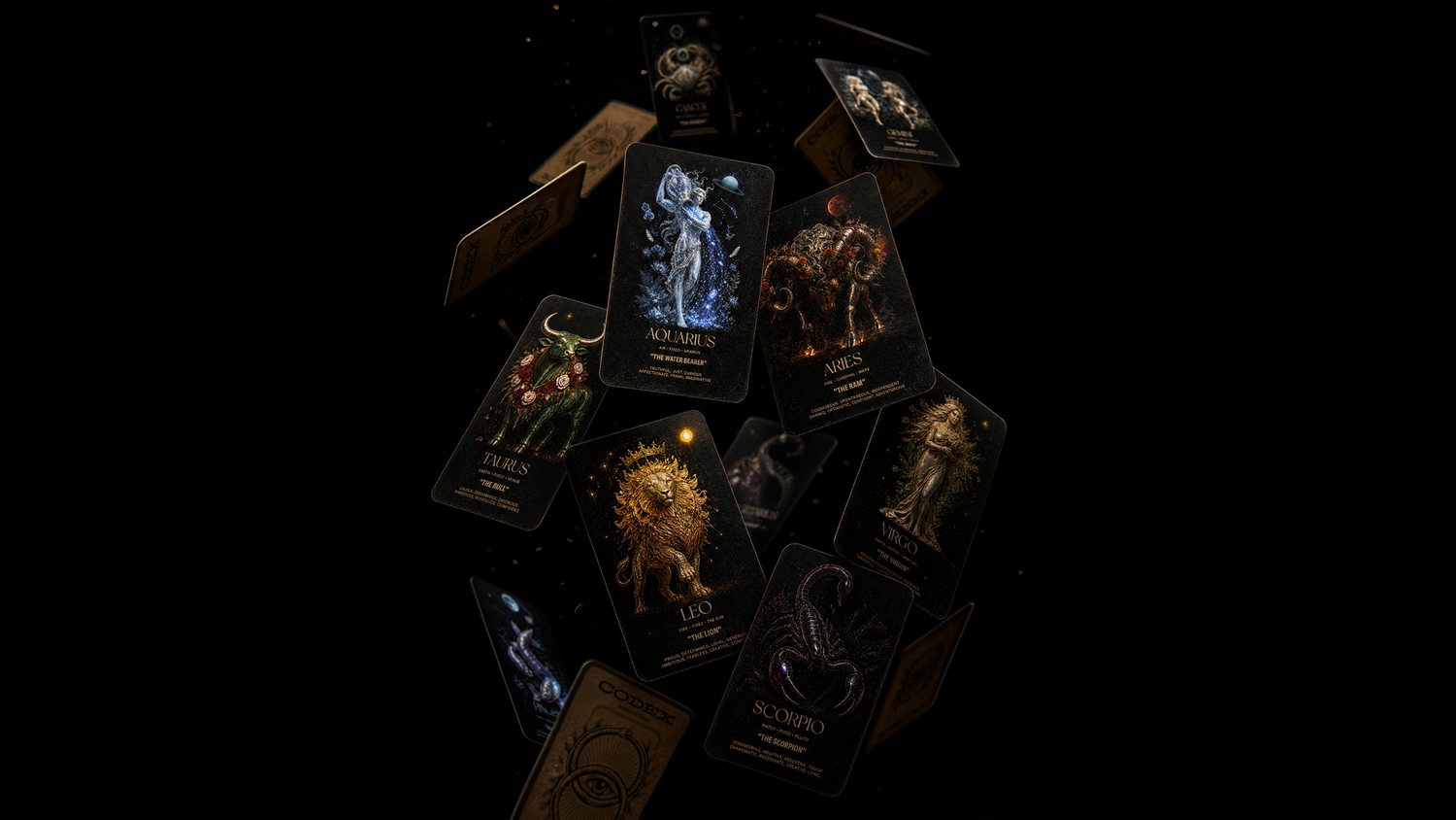 The full CODEX card deck scattered mid-air, showing Aquarius, Aries, Taurus, Leo, Scorpio and Virgo