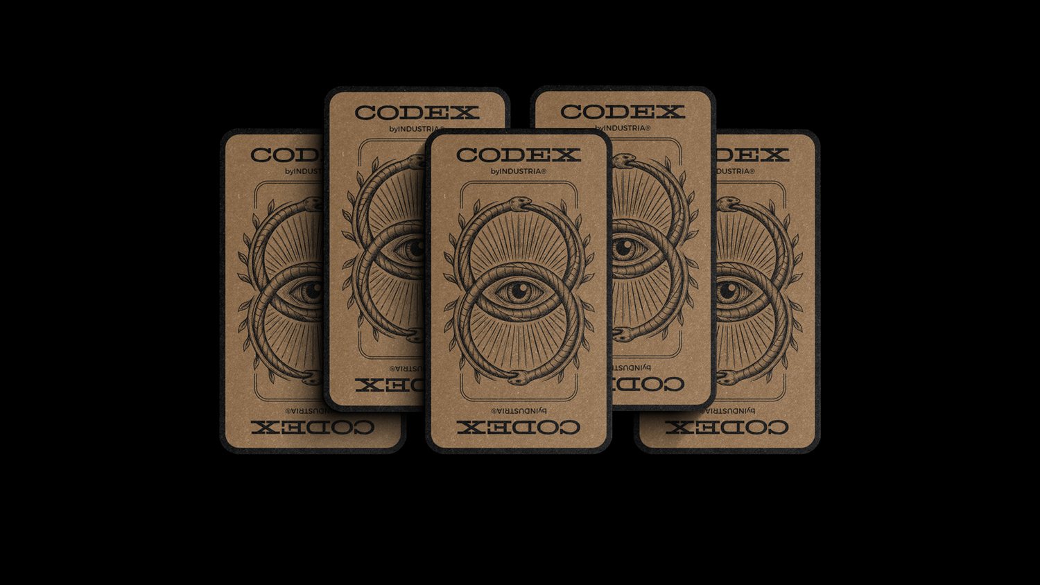 Five CODEX card backs fanned out, featuring INDUSTRIA’s ouroboros-and-eye emblem