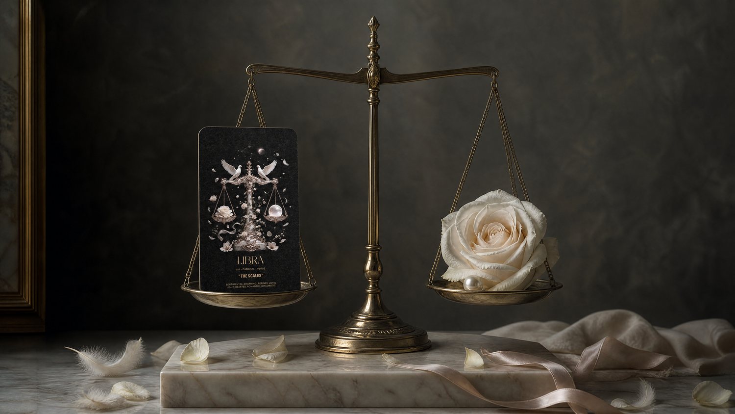 The Libra card balanced on a brass scale against a white rose