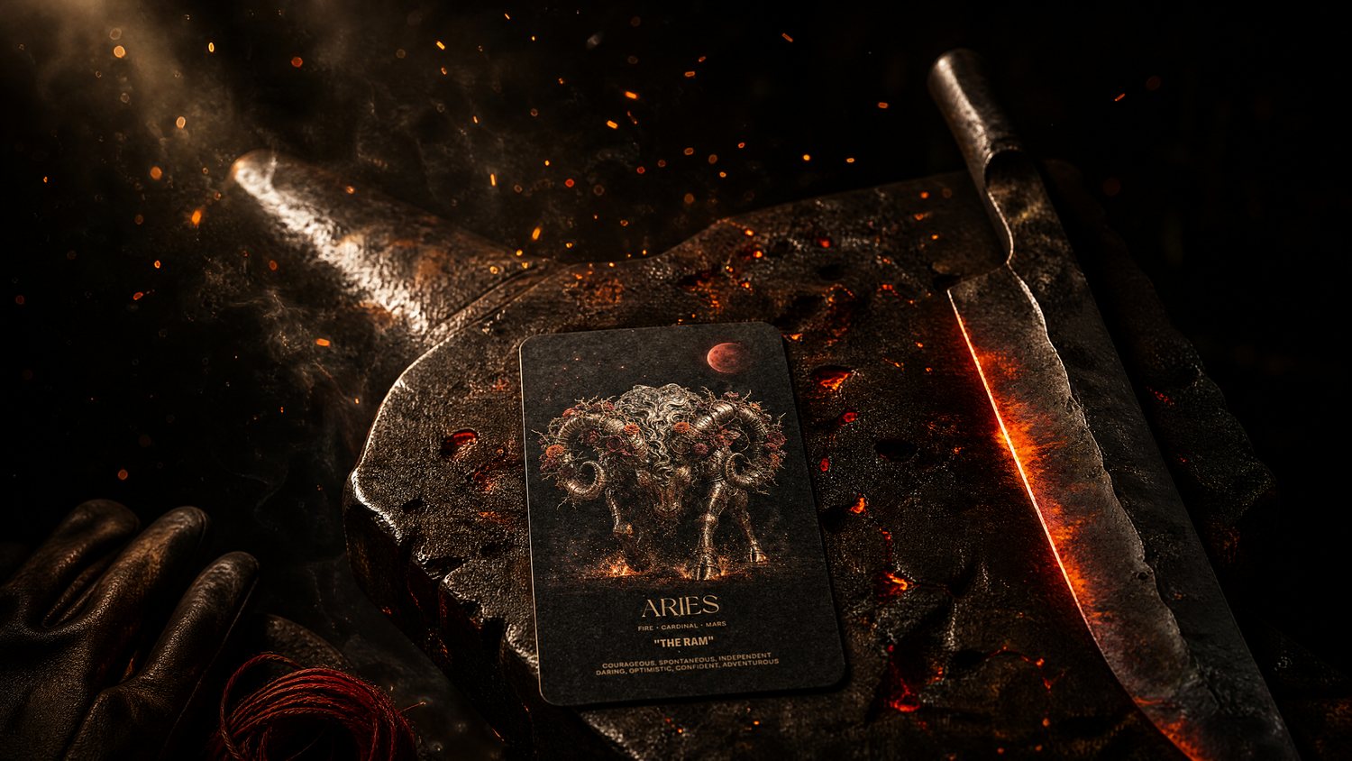 The Aries card resting on a blacksmith’s anvil beside a glowing blade